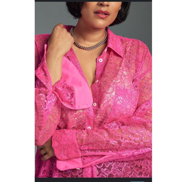 NWT Anthropologie Pink Metalic Lace Blouse XLP - Picture 3 of 10